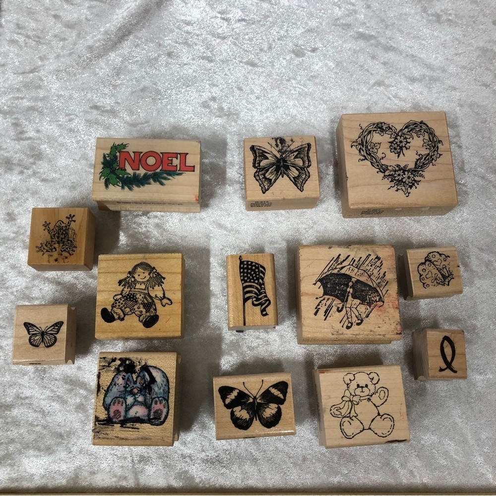 Bundle of Mixed Lot of 13 vintage Wood Mounted Rubber Stamps